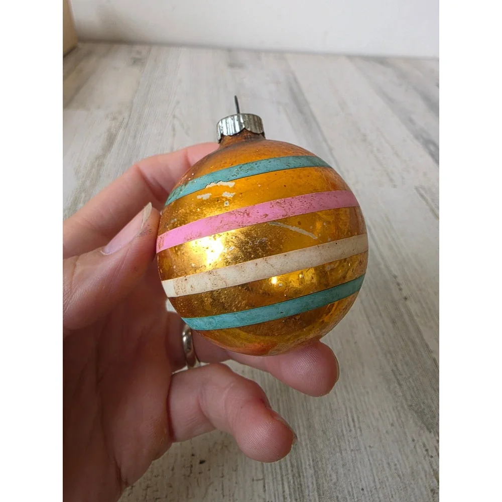 Vintage shiny Brite copper striped glass ornament green pink Xmas tree